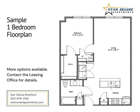 Floor plan for 1 bed, 1 bath, 750 sqft